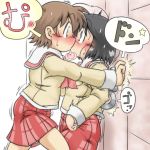  2girls against_wall aioi_yuuko black_eyes black_hair blush brown_eyes brown_hair checkered checkered_skirt gaketsu hands_on_wall heart kiss multiple_girls nichijou pinned red_skirt school_uniform shinonome_nano short_hair skirt surprised tile_wall tiles winding_key yuri 