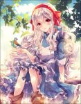  1girl bird blonde_hair bow hair_ornament hairband kabocha_torute kagerou_project kozakura_mary leaf long_hair looking_at_viewer parted_lips petals pink_eyes red_eyes revision sitting smile solo tree_branch 