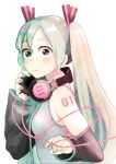  1girl detached_sleeves gradient_hair hand_on_headphones hatsune_miku headphones headphones_around_neck long_hair looking_at_viewer matsuyama_megumu multicolored_hair nail_polish solo twintails vocaloid white_background 