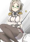  1boy 1girl absurdres admiral_(kantai_collection) black_legwear epaulettes folded_ponytail glasses green_eyes highres kantai_collection katori_(kantai_collection) looking_at_viewer miniskirt pantyhose ryuki_(ryukisukune) silver_hair sitting sitting_on_person skirt smile 