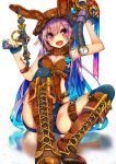  1girl :d belt boots breasts cleavage copyright_request gas_mask gradient_hair gun handgun headgear holding long_hair looking_at_viewer multicolored_hair nekoboshi_sakko open_mouth purple_hair red_eyes revision shorts simple_background sitting smile solo weapon white_background 