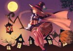  1girl bat bloomers broom emuki_(armies_soul) frills full_moon halloween hat highres lamp moon pumpkin solo striped striped_legwear thigh-highs underwear vertical-striped_legwear vertical_stripes witch witch_hat 