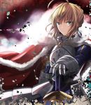  1girl ahoge armor armored_dress blonde_hair cape dress excalibur fate/stay_night fate_(series) gauntlets green_eyes hand_on_hilt iwanaga_tm saber solo 