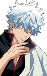  1boy black_shirt blue_hair closed_mouth gintama hadanugi_dousa hand_up japanese_clothes kimono looking_at_viewer male_focus messy_hair popped_collar red_eyes sakata_gintoki shirt short_hair simple_background solo upper_body white_background white_kimono yubi_nui21 