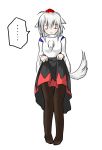  1girl ahoge animal_ears black_legwear blush breasts closed_eyes detached_sleeves ears_down embarrassed hat inubashiri_momiji pom_pom_(clothes) short_hair silver_hair simple_background solo tail tokin_hat touhou white_background wolf_ears wolf_tail 