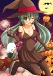  1girl bat blush boots broom broom_riding dress elbow_gloves full_moon ghost gloves green_eyes green_hair halloween hat hatsune_miku jack-o&#039;-lantern long_hair moon night one_eye_closed open_mouth shunrei_(blue_sanctuary) solo thigh-highs thigh_boots twintails very_long_hair vocaloid witch_hat 