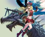  1girl angel_wings armpits belt black_wings blue_eyes boots breasts dragon elbow_gloves explosive fallen_angel gloves grenade gun hat highres large_breasts long_hair m60 machine_gun masao midriff mouth_hold navel original oversized_object pin pocket_watch red_gloves shirt skirt sleeveless sleeveless_shirt thighs watch weapon wings 