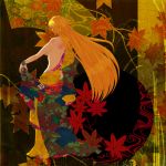  1girl album_cover bare_back blonde_hair circle cloth cover from_behind hinodemaoto horn hoshiguma_yuugi leaf long_hair lowres maple_leaf solo topless touhou unmoving_pattern 