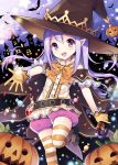  1girl :d candy detached_sleeves gloves halloween hat holding jack-o&#039;-lantern long_hair looking_at_viewer mauve open_mouth original pointy_ears pumpkin_pants purple_hair reaching shoes smile solo standing_on_one_leg striped striped_legwear thigh-highs violet_eyes wand witch_hat yellow_gloves zettai_ryouiki 