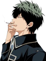  1boy cigarette gintama green_hair highres hijikata_toushirou holding holding_cigarette male_focus profile short_hair simple_background smoking solo upper_body white_background yubi_nui21 