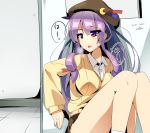  1girl alternate_costume commentary_request contemporary long_hair looking_to_the_side lying miniskirt miton15 mob_cap on_back open_door open_mouth patchouli_knowledge pleated_skirt purple_hair school_uniform sitting skirt sweater_vest touhou translation_request very_long_hair violet_eyes 