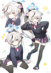 1girl ;d animal_ears arm_between_legs black_footwear black_jacket black_thighhighs blue_halo blush brown_eyes child fist halo heart highres kemonomimi kokona_(blue_archive) long_hair looking_at_viewer multicolored_hair multicolored_skirt non-web_source one_leg_raised pale_skin pink_bow pointing pointing_at_self school_uniform short_skirt sitting skindentation smile stars tagme thighhighs white_background white_hair