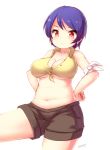  1girl artist_name blue_hair blueberry_(5959) breasts cleavage hands_on_hips large_breasts navel original red_eyes short_hair shorts simple_background solo white_background 