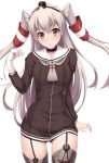  1girl absurdres amatsukaze_(kantai_collection) black_panties blush brown_eyes choker fujirin garter_straps gloves hair_tubes highres kantai_collection long_hair looking_at_viewer navel panties school_uniform see-through serafuku side-tie_panties silver_hair simple_background single_glove small_breasts solo thigh-highs twintails two_side_up underwear white_background 