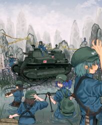  6+girls absurdres blue_hair blue_jacket gun highres imperial_japanese_army jacket kappa kappa_mob_(touhou) kawashiro_nitori machine_gun military_vehicle motor_vehicle multiple_girls partially_submerged river sketch submachine_gun tank touhou type_100_smg type_89_i-gou type_99_light_machine_gun weapon yukine_0930 