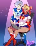  2girls agawa_ryou alternate_hair_length alternate_hairstyle amemiya_tamae amemiya_tamayo artist_name bishoujo_senshi_sailor_moon blonde_hair blue_skirt boots breasts brown_eyes chair computer cosplay dark_skin double_bun elbow_gloves forehead_jewel glasses gloves gradient_hair hair_over_one_eye laptop large_breasts looking_at_viewer magical_girl microskirt multicolored_hair multiple_girls office_chair original pocky red_shoes redhead sailor_mercury sailor_mercury_(cosplay) sailor_moon sailor_moon_(cosplay) semi-rimless_glasses shoes silver_hair sitting skirt tiara under-rim_glasses 