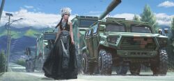  1girl artillery black_dress braid clouds dongfeng_csk-181 dress highres lamppost miao_clothes military military_vehicle motor_vehicle mountainous_horizon original paid_reward_available painting_(medium) pcl-171 people's_liberation_army people's_liberation_army_ground_force road self-propelled_artillery shouhui_lang_qun sky solo tank traditional_media tree yunnan_province 