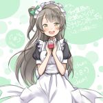  1girl apron blush bow brown_eyes brown_hair capsule hair_bow kuinji_51go long_hair looking_at_viewer love_live!_school_idol_project maid maid_apron maid_headdress minami_kotori open_mouth side_ponytail smile solo translation_request 