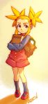  1girl bag book cryamore esmyrelda_maximus freckles hair_ribbon highres holding holding_book long_hair mary_janes orange_eyes orange_hair ribbon robert_porter school_bag shoes shorts smile socks solo twintails younger 