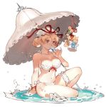  1girl alternate_costume alternate_hairstyle bare_shoulders bell bikini breasts character_name chen collarbone double_bun hat jingle_bell navel popsicle shoes_removed short_hair sitting solo starshadowmagician swimsuit thigh_strap touhou umbrella violet_eyes water white_background white_bikini white_swimsuit yakumo_ran yakumo_yukari 