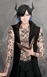  1boy absurdres belt black_belt black_coat black_hair black_horns black_pants blue_hair book closed_mouth coat colored_inner_hair cosplay cross-laced_clothes cross-laced_top devil_may_cry_(series) devil_may_cry_5 full-body_tattoo highres holding holding_book hololive hololive_english horns looking_at_viewer mairu_(user_2757) male_focus malphis_ravencroft_ii multicolored_hair open_book pants red_eyes short_hair sleeveless sleeveless_coat solo tattoo v_(devil_may_cry) v_(devil_may_cry)_(cosplay) virtual_youtuber 