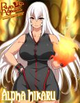  1girl agawa_ryou alpha_hikaru artist_name bike_shorts borrowed_character breasts china_dress chinese_clothes commentary curvy fingerless_gloves fire gloves hand_on_hip large_breasts long_hair magic original red_eyes silver_hair sleeveless slender solo toned very_long_hair watermark web_address 
