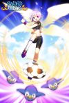  1girl action angel_wings ball bike_shorts bird blue_eyes clouds feathers heterochromia iri_flina myoya open_mouth penguin red_eyes shoes short_hair silver_hair sneakers soccer soccer_ball solo sport sportswear sweatband sword_girls wings wristband 