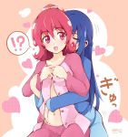  !? 2girls aida_mana ashita_wa_hitsuji blue_hair braid dokidoki!_precure highres hishikawa_rikka long_hair multiple_girls navel pink_eyes pink_hair precure short_hair single_braid sitting speech_bubble translation_request undressing yuri 