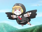  bird blonde_hair blush crow fake_wings fang flying kirisame_marisa mountain necktie open_mouth outstretched_arms red_eyes reiuji_utsuho rumia ryofu_(artist) short_hair skirt sky touhou wings 