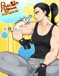  1girl abs agawa_ryou animal_on_shoulder black_gloves black_hair blue_eyes borrowed_character breasts cleavage commentary_request gloves heart lizard long_hair looking_at_another muscle original pants ponytail sitting skin_tight solo sweatpants tank_top 