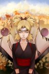  1girl blonde_hair breasts cleavage closed_eyes fan japanese_clothes naruto quad_tails solo temari 
