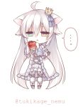  ... 1girl ahoge animal_ears apple cat_ears chibi crown food frills fruit heterochromia holding jitome lolita_fashion long_hair looking_at_viewer mini_crown original silver_hair simple_background solo triangle_mouth tsukikage_nemu very_long_hair white_background 