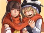  2girls ascot bow brown_eyes brown_hair closed_eyes detached_sleeves expressionless friends hair_bow hair_tubes hakurei_reimu hat kirisame_marisa lips long_hair long_sleeves multiple_girls nose nrbn24 portrait ribbon-trimmed_sleeves ribbon_trim scarf shared_scarf shirt smile touhou vest white_shirt witch_hat 