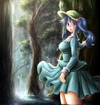  blue_eyes blue_hair breasts dress forest hair_bobbles hair_ornament hat kawashiro_nitori key light_rays long_sleeves looking_at_viewer nature open_mouth partially_submerged river satoji_(ochanomkmskry) shirt short_hair skirt skirt_set sunbeam sunlight touhou tree twintails wading water 