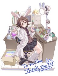  1girl animal_ears artist_name bandaid bandaid_hair_ornament black-framed_eyewear black_shoes black_skirt blue_necktie brown_eyes brown_hair brown_shirt closed_mouth coat collared_shirt commentary_request commission commissioner_name computer computer_keyboard computer_mouse computer_tower crossed_bandaids crt cup flipped_hair full_body glasses hair_ornament highres holding holding_vial indie_virtual_youtuber lab_coat lamp long_sleeves looking_at_viewer loose_socks mishapyon_(vtuber) monitor mug necktie on_chair open_clothes open_coat pinky_out rabbit_ears rabbit_girl scientist shirt shoes short_hair sitting skeb_commission skirt smile socks solo stuffed_animal stuffed_toy teddy_bear thank_you tie_clip toromi_(toromix2) vial virtual_youtuber white_coat white_socks 