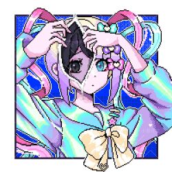  ame-chan_(needy_girl_overdose) black_eyes black_hair blonde_hair blue_background blue_eyes blue_shirt border bow chouzetsusaikawa_tenshi-chan colored_tips hair_bow hands_up heterochromia highres holographic_clothing koharustuki looking_at_viewer multicolored_hair multiple_hair_bows neck_ribbon needy_girl_overdose outside_border pixel_art quad_tails revealing_layer ribbon shirt sidelocks tearing_paper white_border 