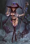  1girl black_legwear boots breasts brown_hair cleavage fantasy highres lips long_hair ml.e navel original pointy_ears staff thigh-highs thigh_boots violet_eyes witch 