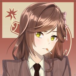  1girl acrylicstroke brown_hair cigarette collared_shirt commission commissioner_upload cosplay formal_clothes green_eyes hair_ornament highres jacket long_hair looking_at_viewer necktie non-web_source red_jacket red_necktie red_spy_(tf2) rosa_(tears_of_themis) shirt smoking solo spy_(tf2) spy_(tf2)_(cosplay) striped_clothes striped_jacket team_fortress_2 tears_of_themis upper_body vertical-striped_clothes vertical-striped_jacket white_shirt 