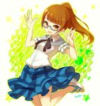  1girl artist_name blue_skirt blueberry_(5959) brown_eyes brown_hair glasses highres long_hair looking_at_viewer minami_mirei open_mouth plaid plaid_skirt ponytail puri_para semi-rimless_glasses skirt smile solo star under-rim_glasses 