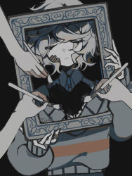  1other black_background closed_mouth frisk_(undertale) heart highres matu_(t_iyou8) other_focus partially_colored red_stripes short_hair simple_background solo_focus sweater undertale upper_body 