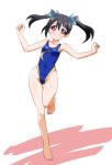 1girl black_hair blue_hair_bow blue_swimsuit female_focus hair_bow hair_ornament happy highres looking_at_viewer love_live!_school_idol_project one-piece_swimsuit pink_eyes pink_nails short_hair smile solo twintails yazawa_nico yumekaranigeruna 