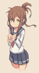  1girl auru_t brown_hair folded_ponytail hair_ornament highres inazuma_(kantai_collection) kantai_collection school_uniform socks solo yellow_eyes 