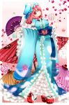  1girl cherry_blossoms fan hat japanese_clothes kimono nagare petals pink_eyes pink_hair saigyouji_yuyuko sash solo touhou triangular_headpiece 