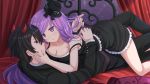  1boy 1girl black_hair blush breasts cleavage dress eye_contact formal girl_on_top hand_on_another&#039;s_face hat horns incipient_kiss kazenokaze large_breasts long_hair looking_at_another off_shoulder open_mouth original playing_with_another&#039;s_hair purple_hair red_eyes tuxedo violet_eyes 