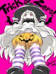  1girl adapted_costume akaza alternate_costume bat_wings bloomers dress from_below halloween hat horns jack-o&#039;-lantern kantai_collection long_hair looking_at_viewer looking_down mittens navel northern_ocean_hime pumpkin_pants red_eyes shinkaisei-kan sketch solo striped striped_legwear thigh-highs underwear white_dress white_hair white_skin wings witch_hat 