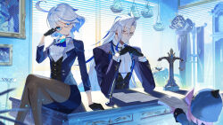  1boy 2girls adjusting_eyewear arm_support balance_scale black-framed_eyewear black_gloves black_pantyhose black_vest blathine_(genshin_impact) blue_hair blue_hat blue_jacket blue_skirt blue_theme breasts crossed_legs desk feet_out_of_frame furina_(genshin_impact) genshin_impact gentilhomme_usher glasses gloves grey_hair half_gloves hand_up hat highres indoors interlocked_fingers jacket long_hair mademoiselle_crabaletta melusine_(genshin_impact) multicolored_hair multiple_girls neuvillette_(genshin_impact) on_desk own_hands_together pantyhose pencil_skirt pink_hair scottie_(phantom2) semi-rimless_eyewear shirt singer_of_many_waters_(genshin_impact) sitting skirt small_breasts surintendante_chevalmarin two-tone_hair under-rim_eyewear unworn_hat unworn_headwear very_long_hair vest violet_eyes weighing_scale white_shirt window window_blinds 