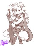  1girl agawa_ryou ankle_boots artist_name ayla_(chrono_trigger) boots chrono_trigger club curly_hair greyscale long_hair monochrome planted_weapon scarf solo squatting tribal tubetop weapon wristband 