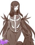  1girl agawa_ryou armor armored_dress artist_name bare_shoulders breastplate castlevania castlevania:_order_of_ecclesia curtsey elbow_gloves faulds gloves greyscale long_hair looking_at_viewer monochrome over-kneehighs shanoa side_slit smile solo thigh-highs very_long_hair 