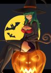  1girl bat black_legwear blush breasts cape cleavage easy_(aqk7bdqt) frills full_moon green_hair halloween hat highres jack-o&#039;-lantern large_breasts long_hair moon naughty_face open_clothes open_shirt original pumpkin shirt sitting_on_object skirt solo staff thigh-highs witch_hat yellow_eyes 