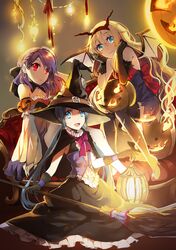  3girls :d armchair asymmetric_gloves bangs bat_wings black_gloves black_legwear blonde_hair blue_eyes blue_hair braid broom cape chair chin_rest corset detached_collar detached_sleeves dress earrings elbow_gloves fake_horns fire gloves hair_between_eyes halloween hat high_heels holding jack-o&#039;-lantern jewelry konatsu_hare lantern long_hair looking_at_viewer multiple_girls necklace open_mouth original pumpkin purple_hair red_eyes sitting smile strapless_dress swept_bangs very_long_hair wings witch_hat 